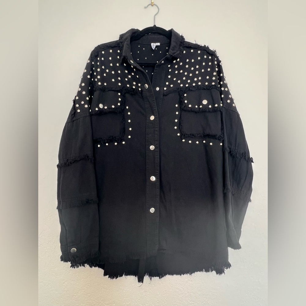 REVEL Studded‎ Distressed Black Denim Shacket with Fringe Hem